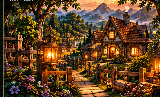 A welcoming woodland homestead glowing with lantern light.