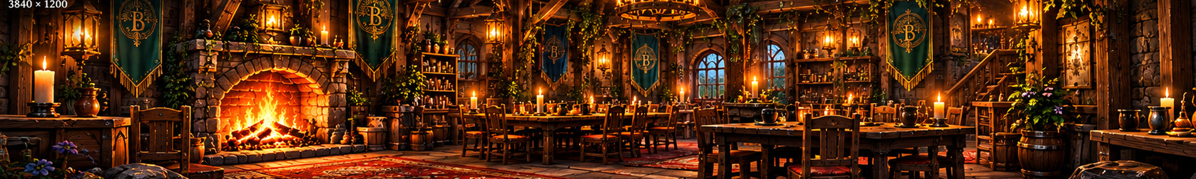 A warmly lit fantasy guild hall with a roaring stone fireplace, oak beams, lanterns, forest-green banners, and gathering tables.