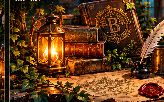 A lantern beside journals, books, and a story map.